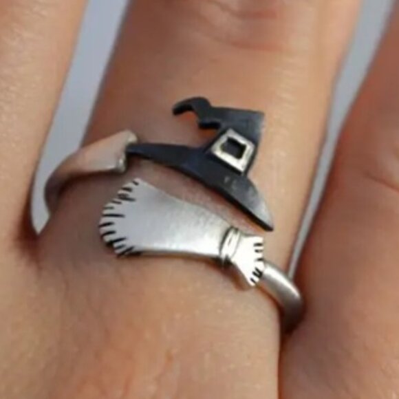Unique Vintage Witch Hat and Broom Shaped Adjustable Ring - Halloween or Witchy - Picture 3 of 3